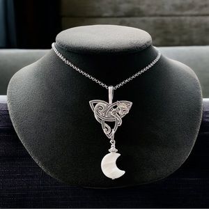 Celtic cat fox & mother of pearl moon necklace